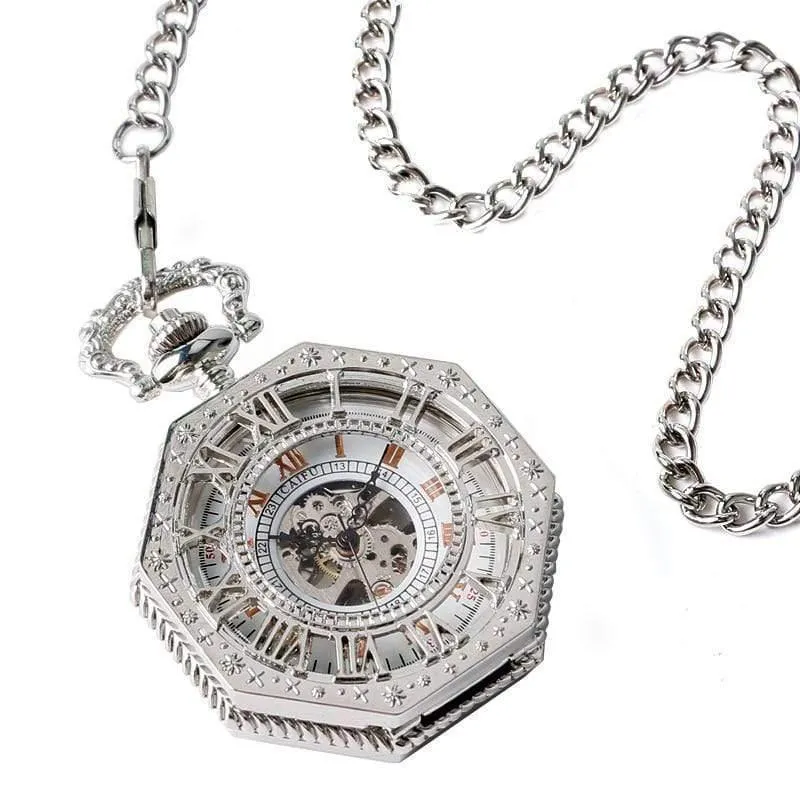 Mechanische Taschenuhr Kette Mode Silber Achteck Form Skelett Schnitzerei Herren Taschenuhren Weihnachtsgeschenk