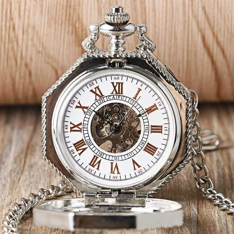 Mechanische Taschenuhr Kette Mode Silber Achteck Form Skelett Schnitzerei Herren Taschenuhren Weihnachtsgeschenk