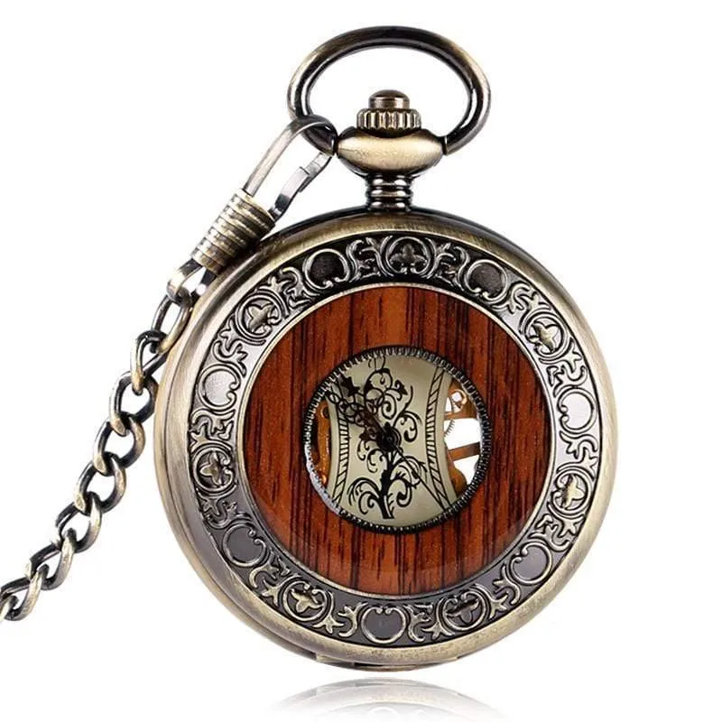 Holz Kreis Skelett Taschenuhr Männer Frauen Unisex mechanische Handaufzug römische Ziffern Halskette Geschenk P2012C