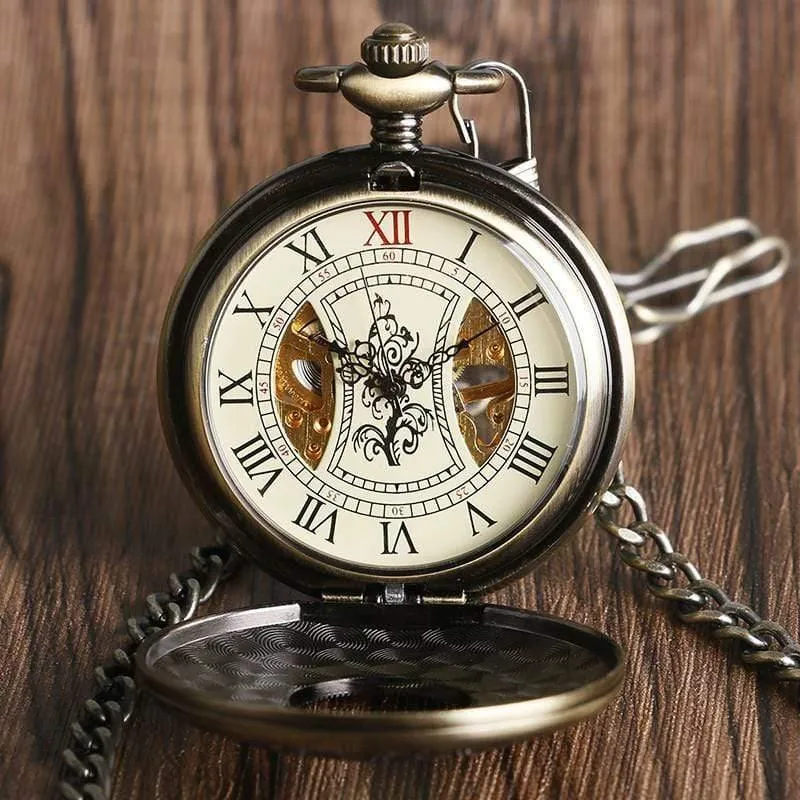 Holz Kreis Skelett Taschenuhr Männer Frauen Unisex mechanische Handaufzug römische Ziffern Halskette Geschenk P2012C