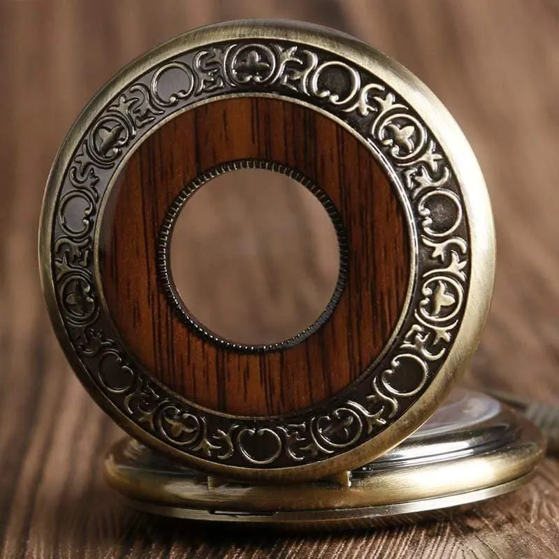 Holz Kreis Skelett Taschenuhr Männer Frauen Unisex mechanische Handaufzug römische Ziffern Halskette Geschenk P2012C