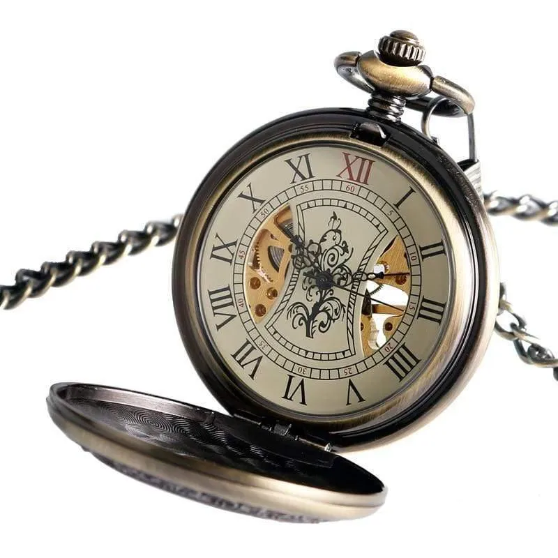 Holz Kreis Skelett Taschenuhr Männer Frauen Unisex mechanische Handaufzug römische Ziffern Halskette Geschenk P2012C