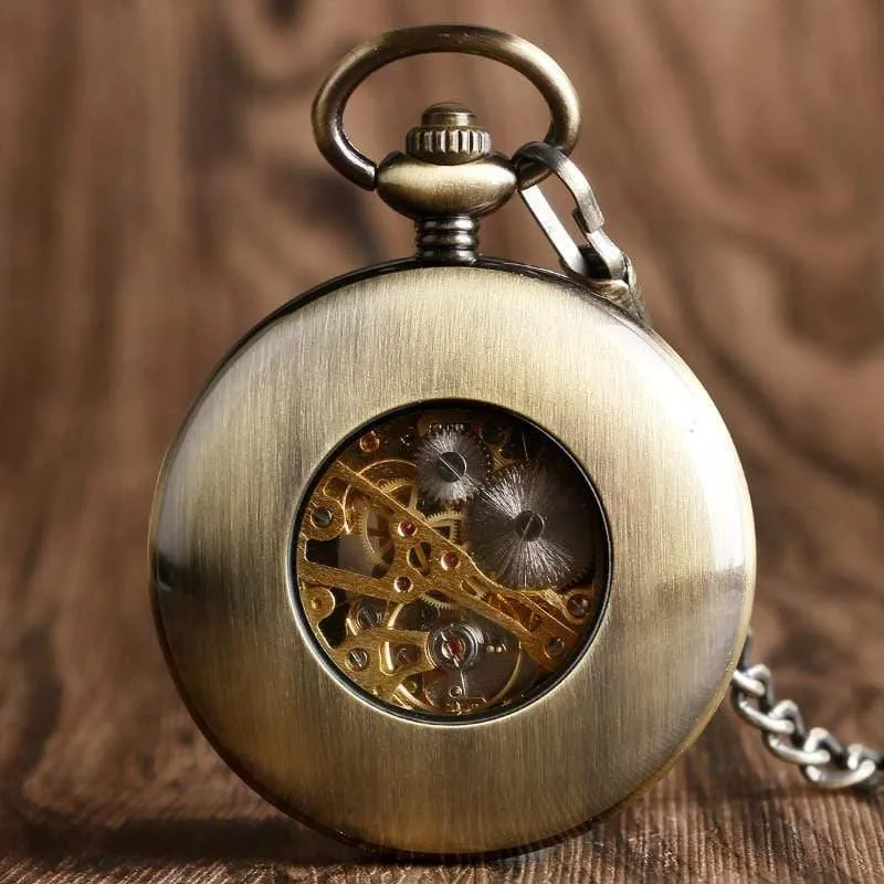Holz Kreis Skelett Taschenuhr Männer Frauen Unisex mechanische Handaufzug römische Ziffern Halskette Geschenk P2012C