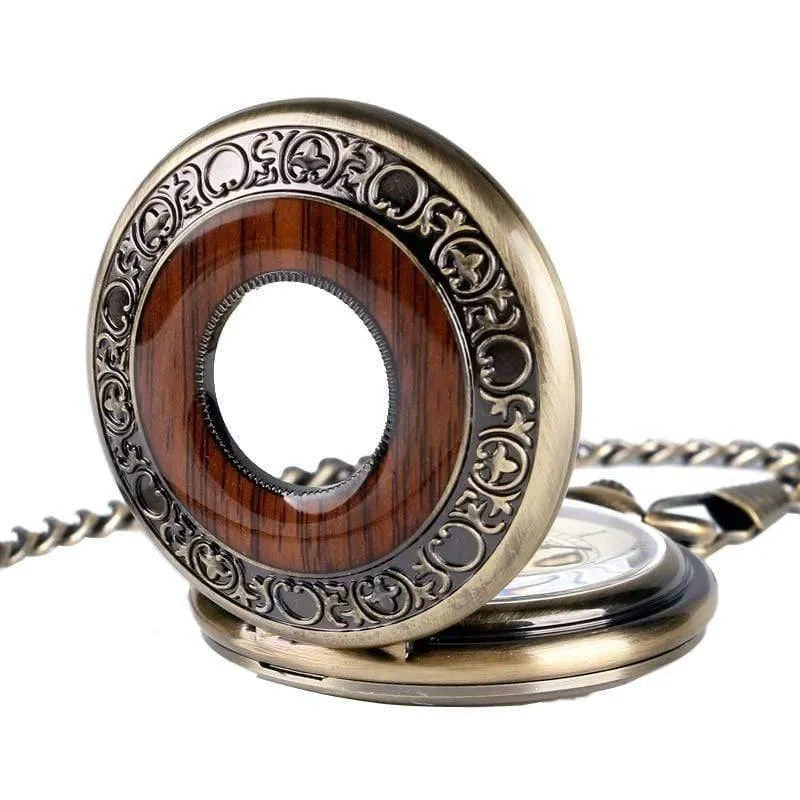 Holz Kreis Skelett Taschenuhr Männer Frauen Unisex mechanische Handaufzug römische Ziffern Halskette Geschenk P2012C