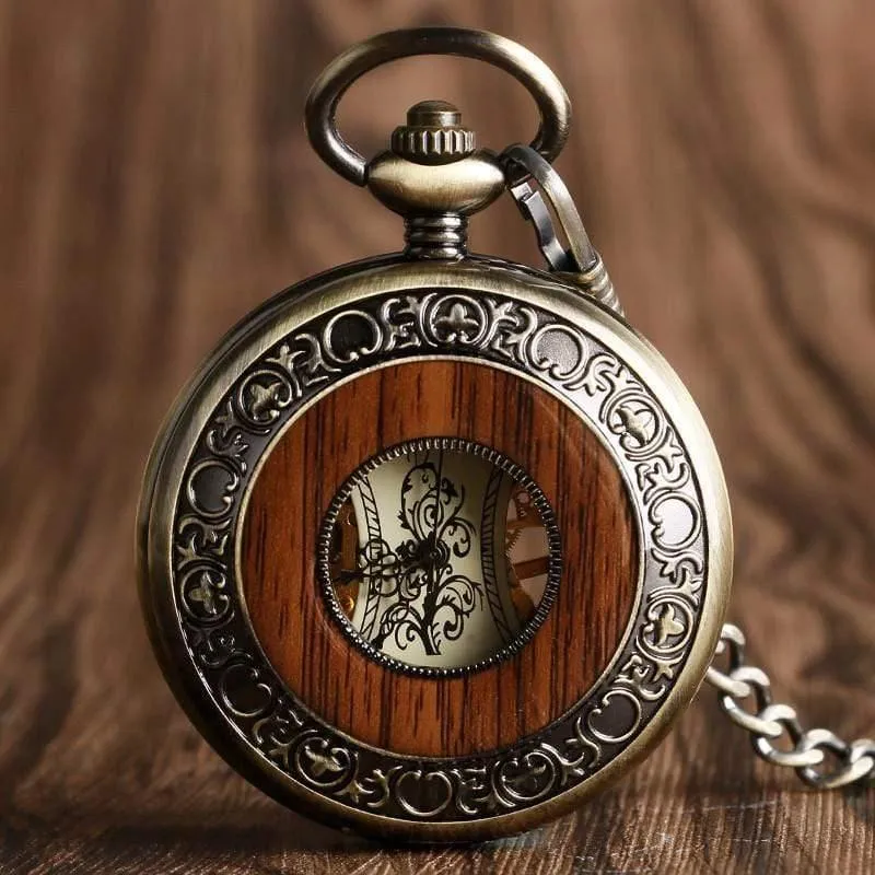 Holz Kreis Skelett Taschenuhr Männer Frauen Unisex mechanische Handaufzug römische Ziffern Halskette Geschenk P2012C