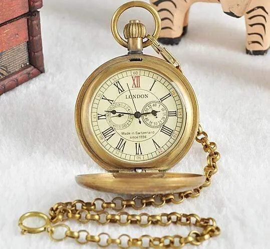 Vintage Retro Kupfer Uhr Männer Legierung mechanische Taschenuhr mit Metallkette Steampunk Uhr Roman PJX1040
