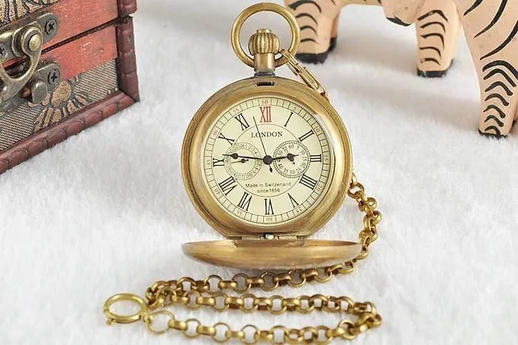 Vintage Retro Kupfer Uhr Männer Legierung mechanische Taschenuhr mit Metallkette Steampunk Uhr Roman PJX1040