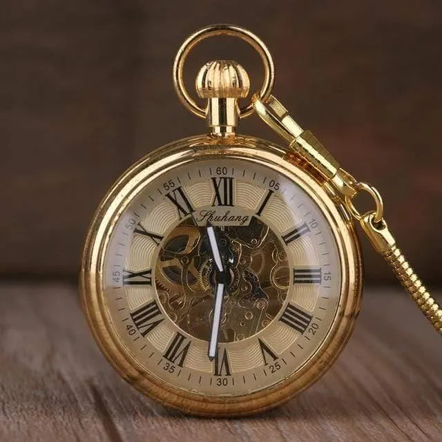 Vintage Retro Kupfer Uhr Männer Legierung mechanische Taschenuhr mit Metallkette Steampunk Uhr Roman PJX1040
