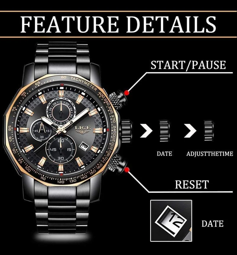 Sport Chronograph Herrenuhren Top-Marke Luxus Voller Stahl Quarzuhr Wasserdicht Große Zifferblatt Uhr Männer
