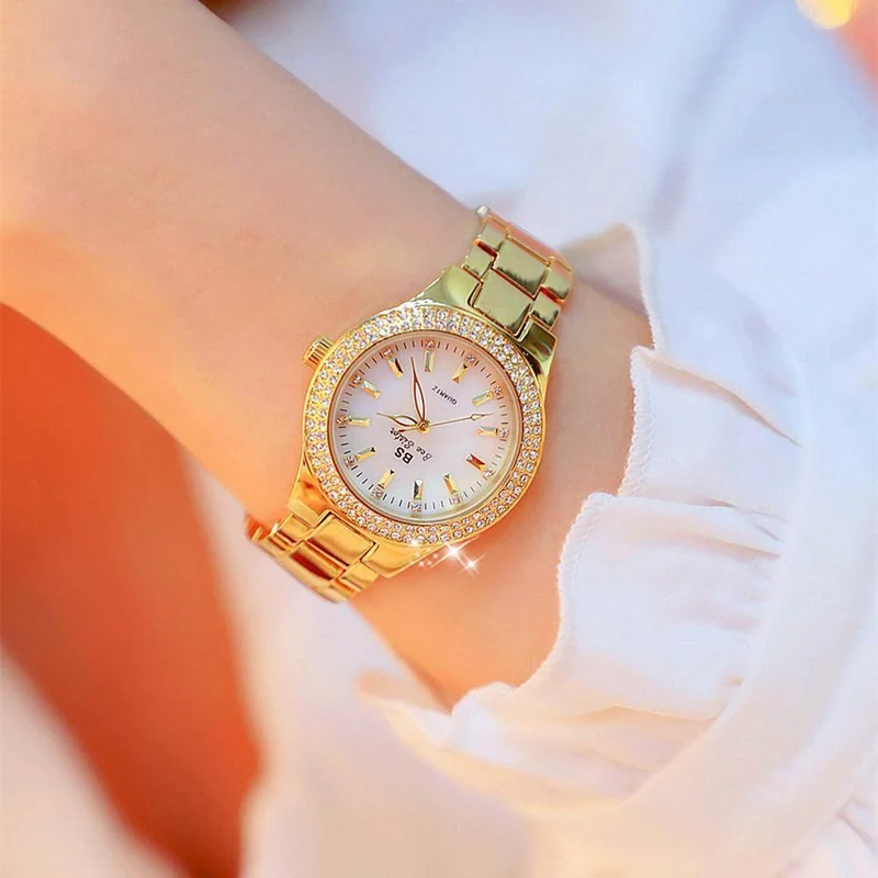 Uhr-Frauen-Kleid-Uhr-Mode-Rosen-Goldquarz passt weibliche Edelstahl-Armbanduhren auf
