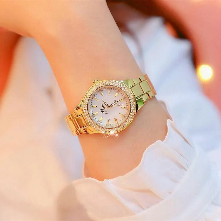 Uhr-Frauen-Kleid-Uhr-Mode-Rosen-Goldquarz passt weibliche Edelstahl-Armbanduhren auf