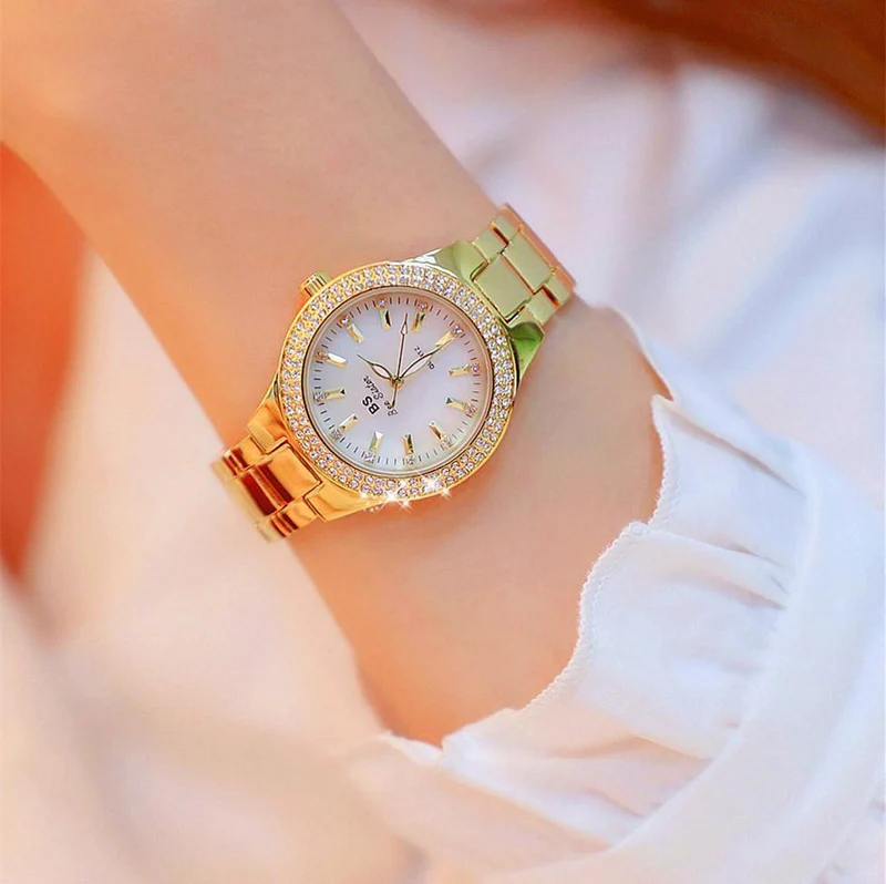 Uhr-Frauen-Kleid-Uhr-Mode-Rosen-Goldquarz passt weibliche Edelstahl-Armbanduhren auf