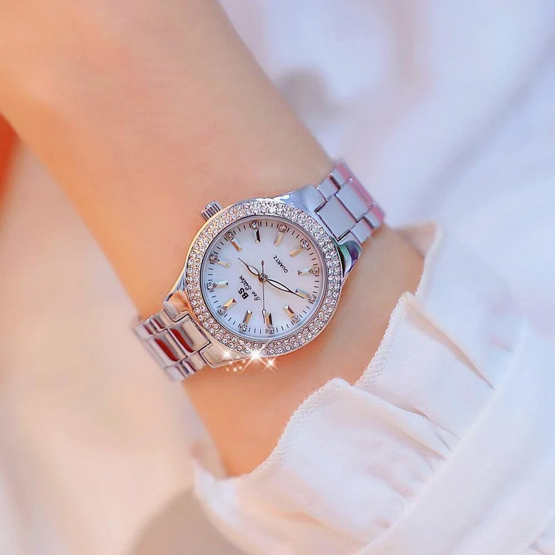 Uhr-Frauen-Kleid-Uhr-Mode-Rosen-Goldquarz passt weibliche Edelstahl-Armbanduhren auf