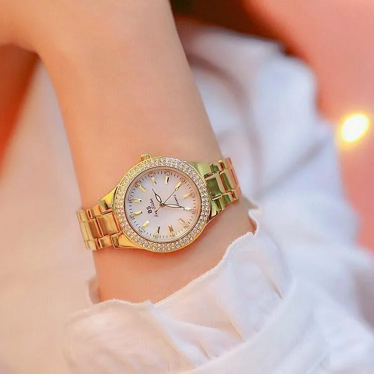 Uhr-Frauen-Kleid-Uhr-Mode-Rosen-Goldquarz passt weibliche Edelstahl-Armbanduhren auf