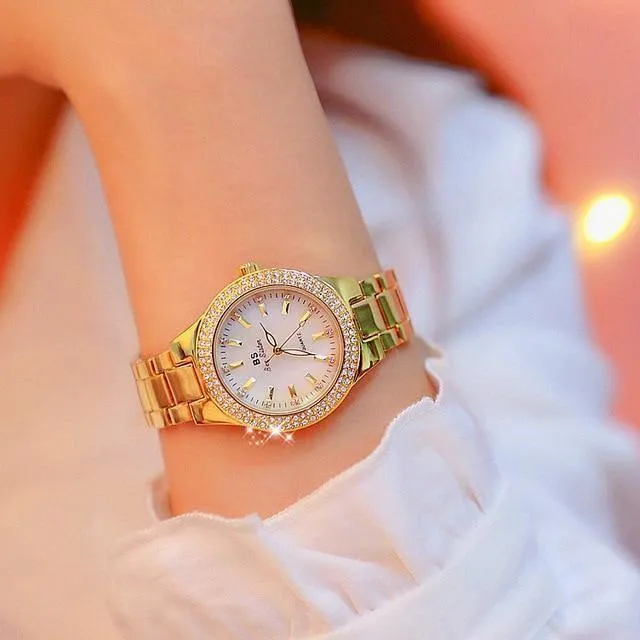 Uhr-Frauen-Kleid-Uhr-Mode-Rosen-Goldquarz passt weibliche Edelstahl-Armbanduhren auf