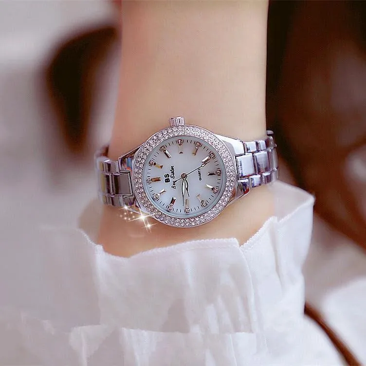 Uhr-Frauen-Kleid-Uhr-Mode-Rosen-Goldquarz passt weibliche Edelstahl-Armbanduhren auf