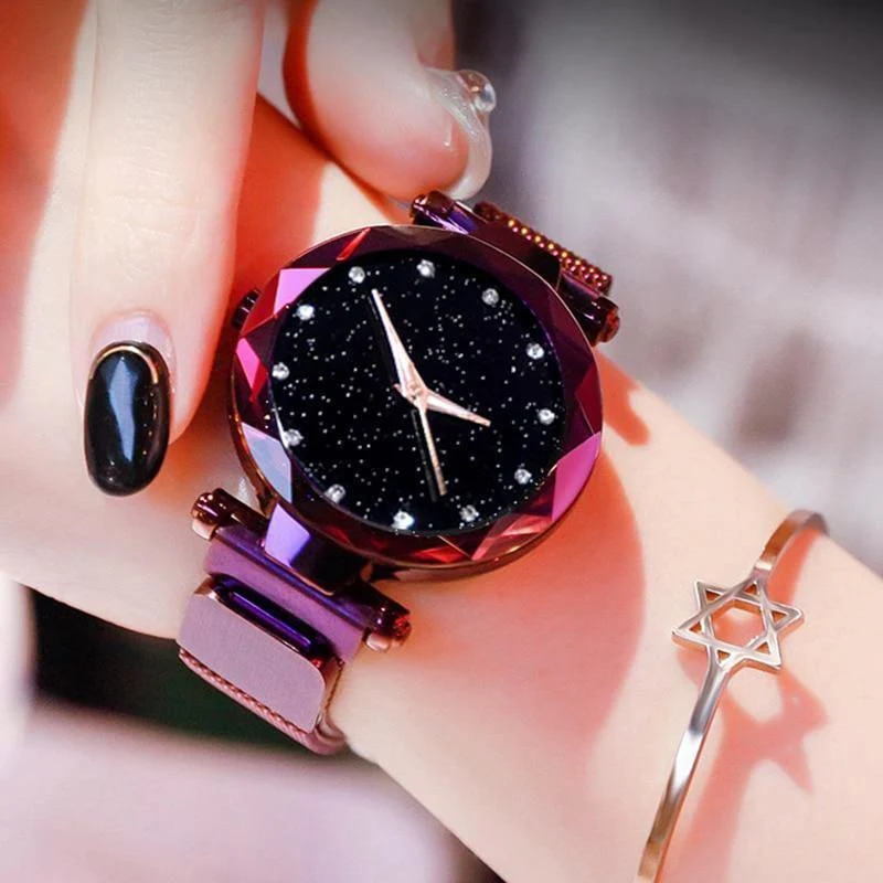 Frauen Uhren Mesh Damen Clock Magnet Schnalle Starry Diamond Geometric Surface Casual Dress Quarz-Armbanduhr