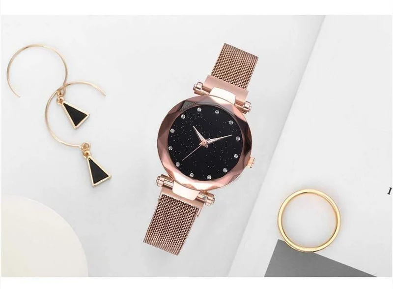 Frauen Uhren Mesh Damen Clock Magnet Schnalle Starry Diamond Geometric Surface Casual Dress Quarz-Armbanduhr