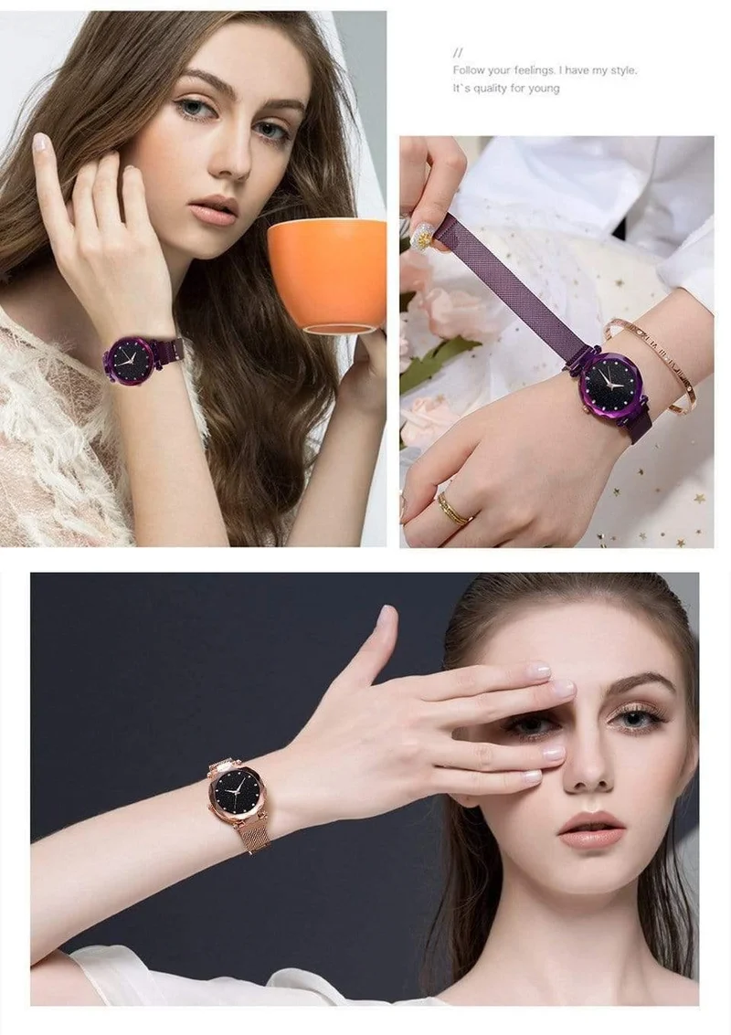 Frauen Uhren Mesh Damen Clock Magnet Schnalle Starry Diamond Geometric Surface Casual Dress Quarz-Armbanduhr
