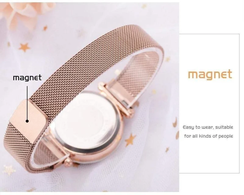 Frauen Uhren Mesh Damen Clock Magnet Schnalle Starry Diamond Geometric Surface Casual Dress Quarz-Armbanduhr