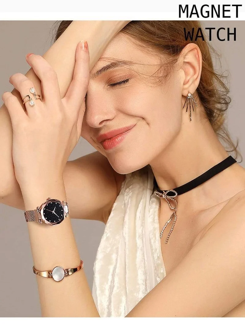 Frauen Uhren Mesh Damen Clock Magnet Schnalle Starry Diamond Geometric Surface Casual Dress Quarz-Armbanduhr