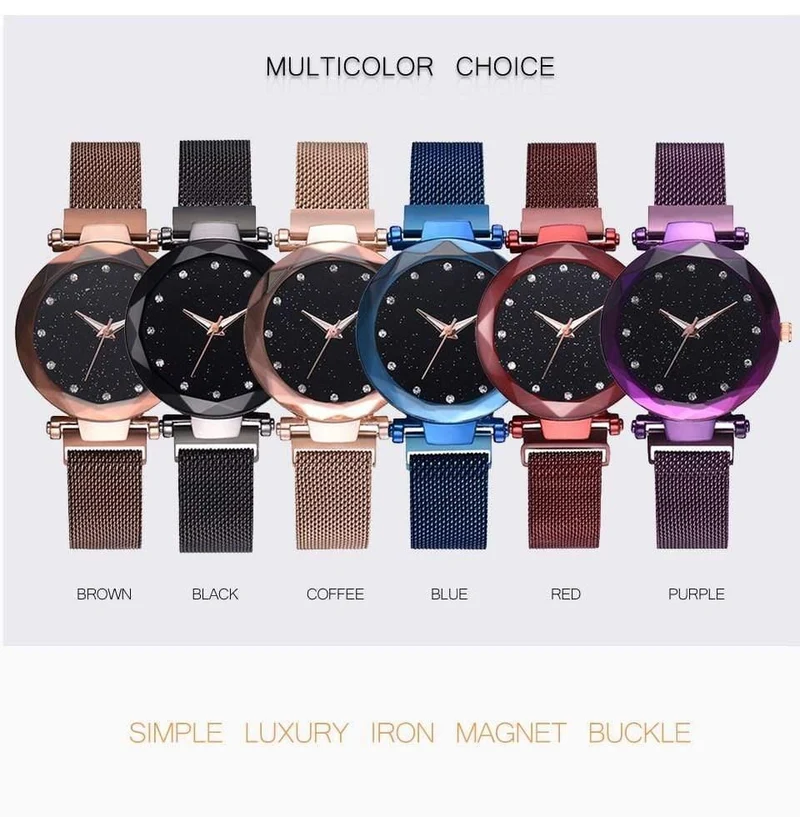 Frauen Uhren Mesh Damen Clock Magnet Schnalle Starry Diamond Geometric Surface Casual Dress Quarz-Armbanduhr