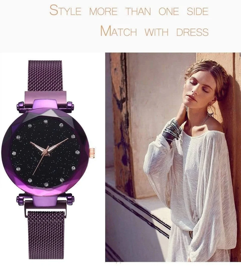 Frauen Uhren Mesh Damen Clock Magnet Schnalle Starry Diamond Geometric Surface Casual Dress Quarz-Armbanduhr