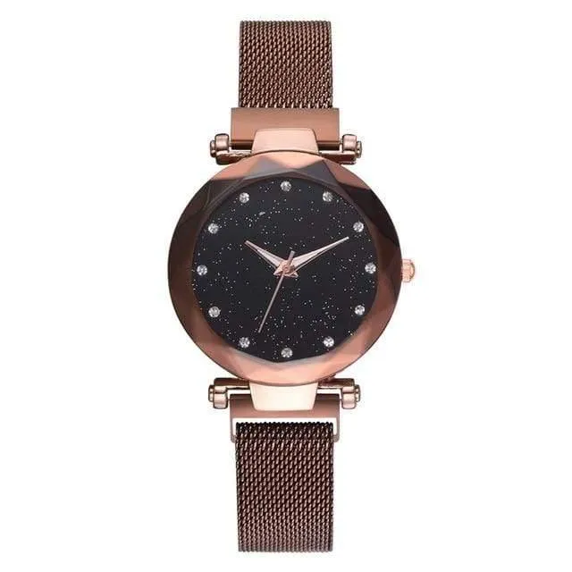 Frauen Uhren Mesh Damen Clock Magnet Schnalle Starry Diamond Geometric Surface Casual Dress Quarz-Armbanduhr
