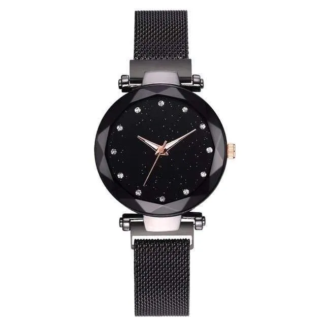 Frauen Uhren Mesh Damen Clock Magnet Schnalle Starry Diamond Geometric Surface Casual Dress Quarz-Armbanduhr