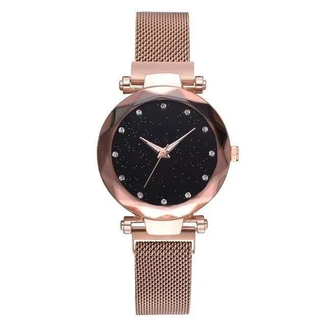 Frauen Uhren Mesh Damen Clock Magnet Schnalle Starry Diamond Geometric Surface Casual Dress Quarz-Armbanduhr