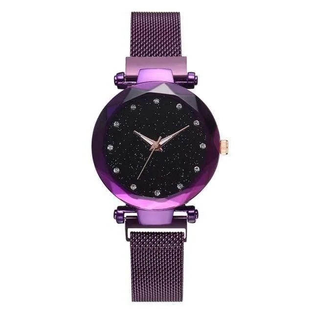 Frauen Uhren Mesh Damen Clock Magnet Schnalle Starry Diamond Geometric Surface Casual Dress Quarz-Armbanduhr