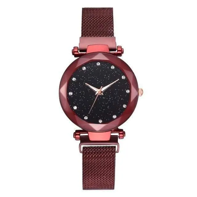 Frauen Uhren Mesh Damen Clock Magnet Schnalle Starry Diamond Geometric Surface Casual Dress Quarz-Armbanduhr