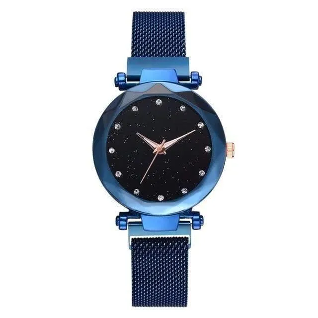 Frauen Uhren Mesh Damen Clock Magnet Schnalle Starry Diamond Geometric Surface Casual Dress Quarz-Armbanduhr