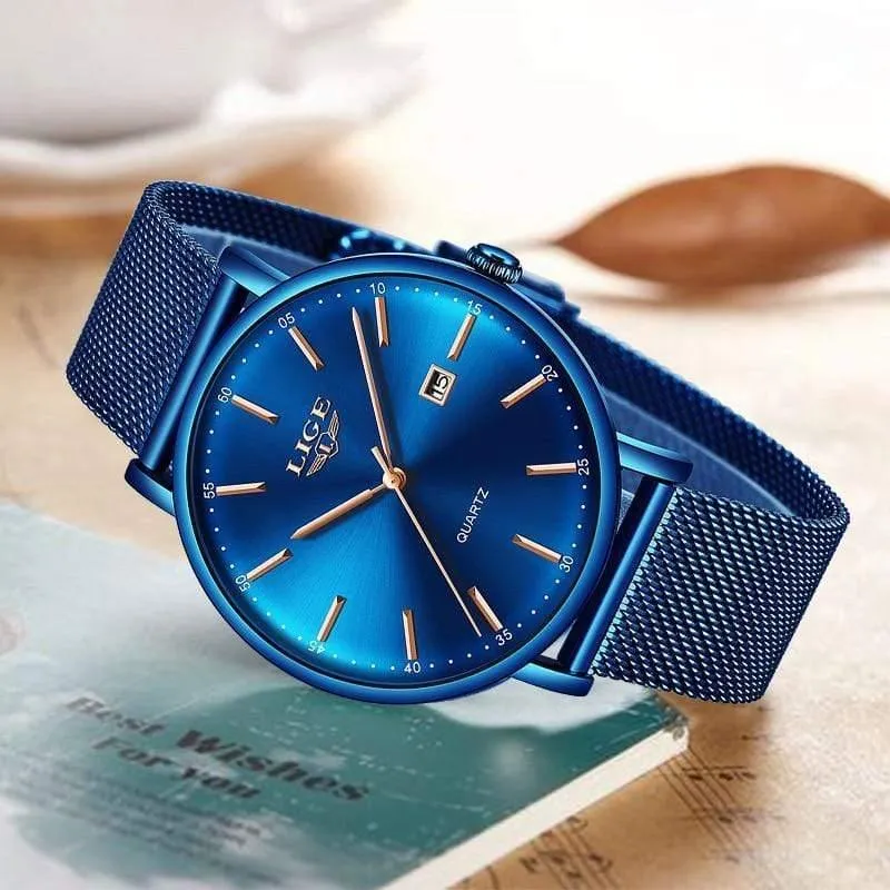 Herrenuhren Top-Marke Luxus Sportuhr Ultradünne Mesh Beiläufige Wasserdichte Quarzuhr Männer Blaue Uhr Relogio Masculino