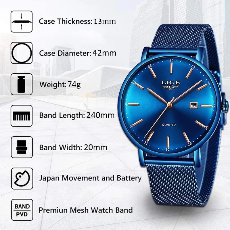 Herrenuhren Top-Marke Luxus Sportuhr Ultradünne Mesh Beiläufige Wasserdichte Quarzuhr Männer Blaue Uhr Relogio Masculino