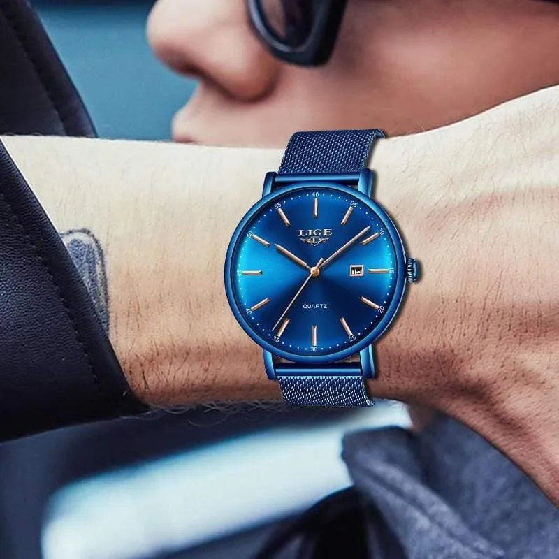 Herrenuhren Top-Marke Luxus Sportuhr Ultradünne Mesh Beiläufige Wasserdichte Quarzuhr Männer Blaue Uhr Relogio Masculino