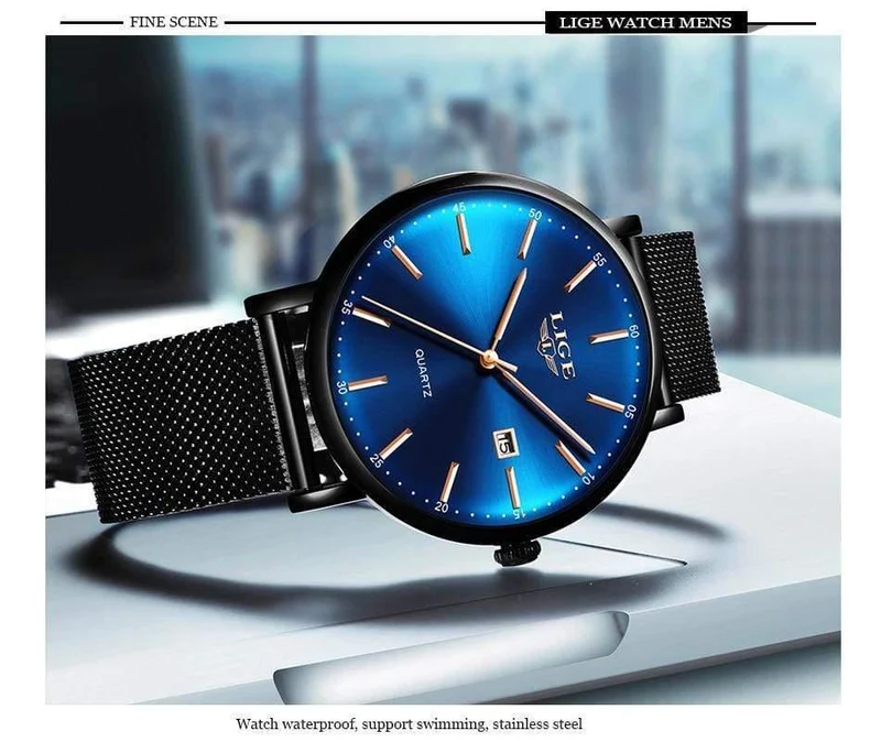 Herrenuhren Top-Marke Luxus Sportuhr Ultradünne Mesh Beiläufige Wasserdichte Quarzuhr Männer Blaue Uhr Relogio Masculino