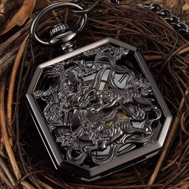 Chinesische Maskottchen Löwe Hand Wind Mechanische Taschenuhr Männer Retro Skeleton Fob Kette Uhr Steampunk Uhr Geschenk Box