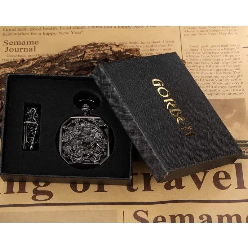 Chinesische Maskottchen Löwe Hand Wind Mechanische Taschenuhr Männer Retro Skeleton Fob Kette Uhr Steampunk Uhr Geschenk Box