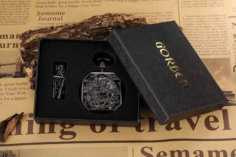 Chinesische Maskottchen Löwe Hand Wind Mechanische Taschenuhr Männer Retro Skeleton Fob Kette Uhr Steampunk Uhr Geschenk Box