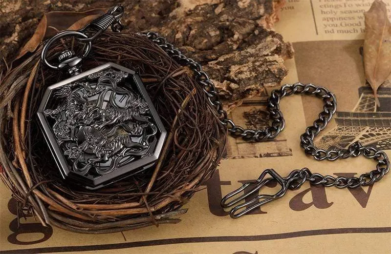 Chinesische Maskottchen Löwe Hand Wind Mechanische Taschenuhr Männer Retro Skeleton Fob Kette Uhr Steampunk Uhr Geschenk Box