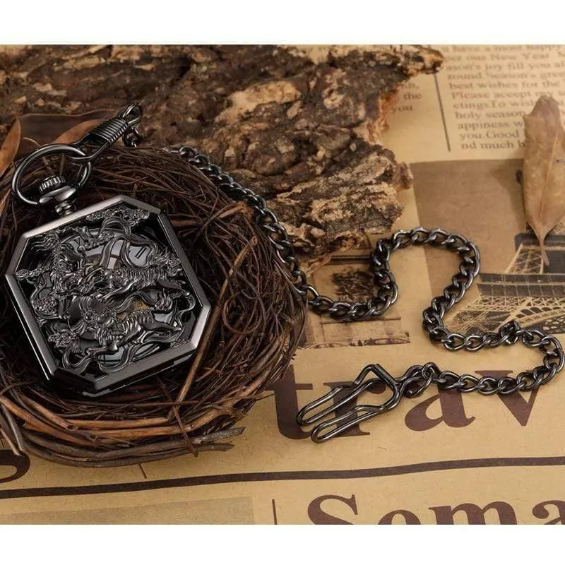Chinesische Maskottchen Löwe Hand Wind Mechanische Taschenuhr Männer Retro Skeleton Fob Kette Uhr Steampunk Uhr Geschenk Box