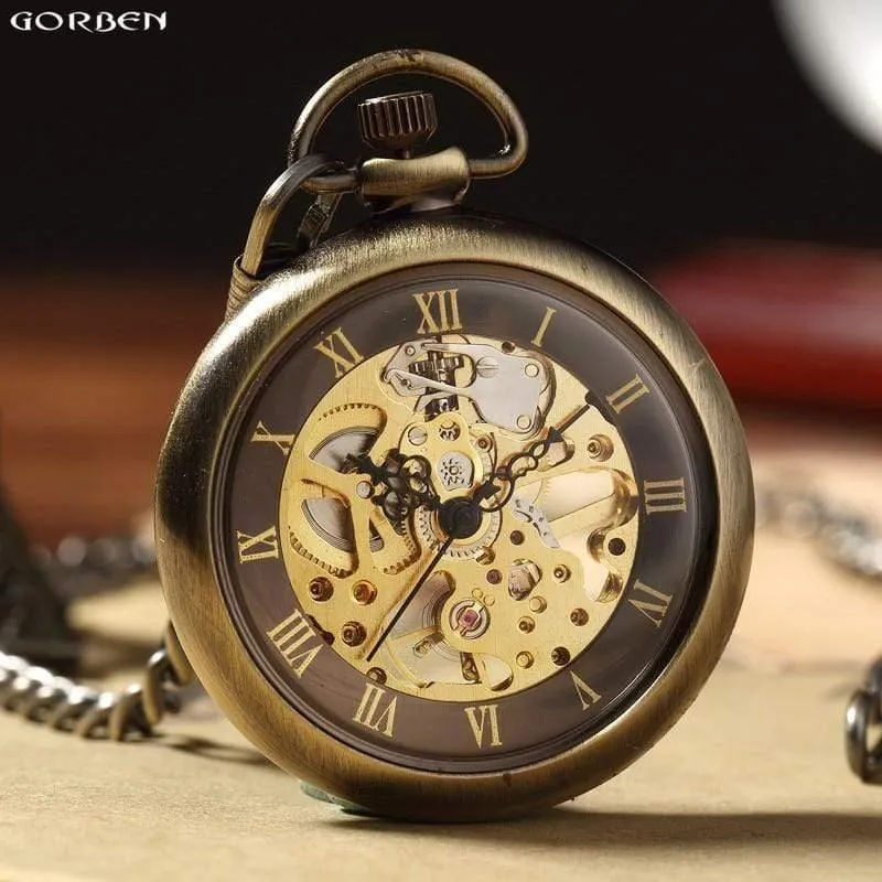 Retro Bronze römischen Zahlen mechanische Taschenuhr für Männer Frauen mit FOB Kettenskelett Handaufzug Taschenuhr