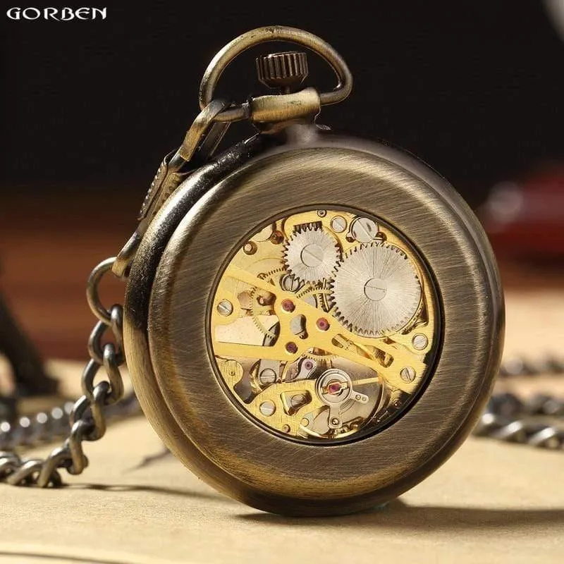 Retro Bronze römischen Zahlen mechanische Taschenuhr für Männer Frauen mit FOB Kettenskelett Handaufzug Taschenuhr