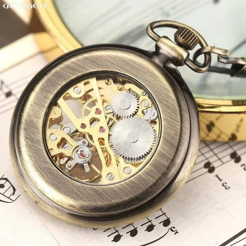 Retro Bronze römischen Zahlen mechanische Taschenuhr für Männer Frauen mit FOB Kettenskelett Handaufzug Taschenuhr