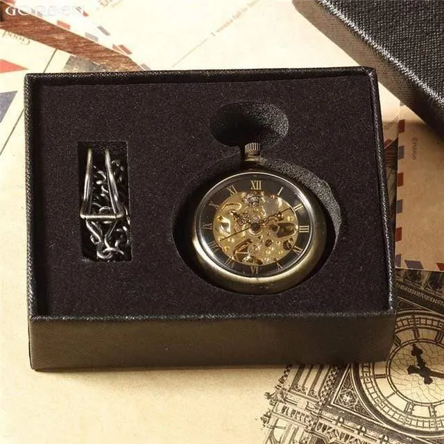 Retro Bronze römischen Zahlen mechanische Taschenuhr für Männer Frauen mit FOB Kettenskelett Handaufzug Taschenuhr