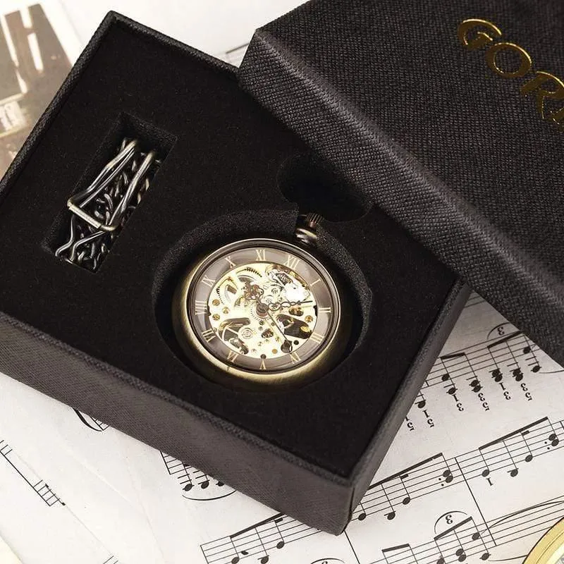 Retro Bronze römischen Zahlen mechanische Taschenuhr für Männer Frauen mit FOB Kettenskelett Handaufzug Taschenuhr