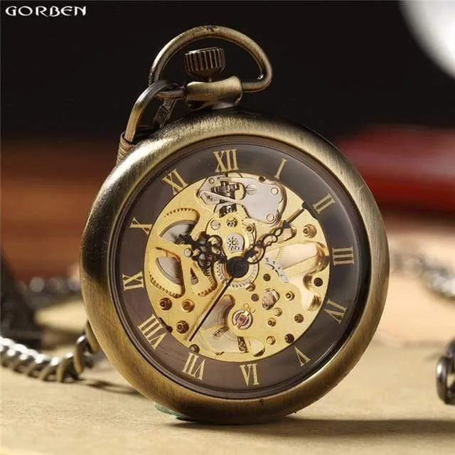 Retro Bronze römischen Zahlen mechanische Taschenuhr für Männer Frauen mit FOB Kettenskelett Handaufzug Taschenuhr