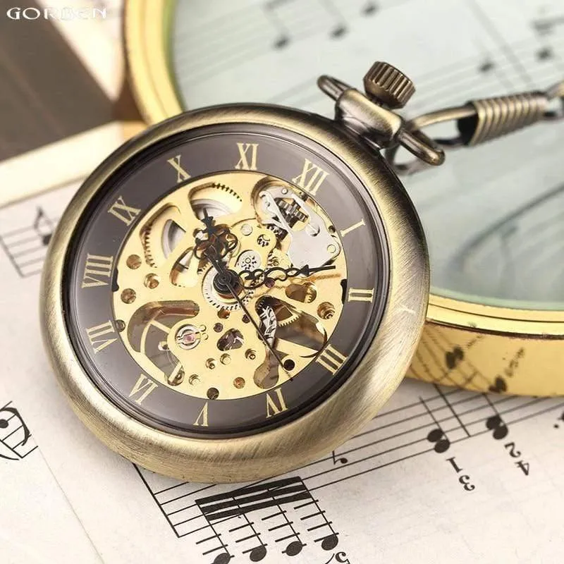 Retro Bronze römischen Zahlen mechanische Taschenuhr für Männer Frauen mit FOB Kettenskelett Handaufzug Taschenuhr
