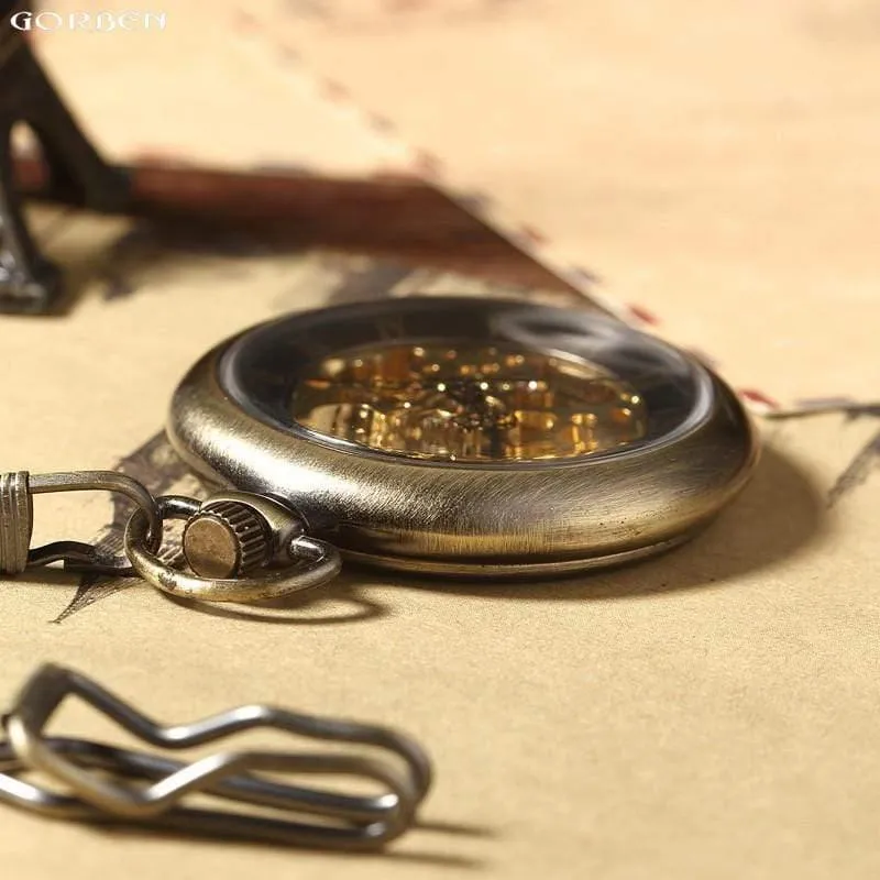 Retro Bronze römischen Zahlen mechanische Taschenuhr für Männer Frauen mit FOB Kettenskelett Handaufzug Taschenuhr